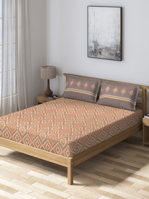 

DDecor Orange & Blue Geometric 160 TC Cotton 1 Queen Bedsheet with 2 Pillow Covers