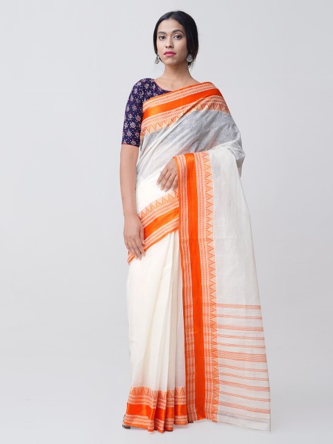 

Unnati Silks White & Orange Pure Cotton Woven Design Taant Handloom Saree