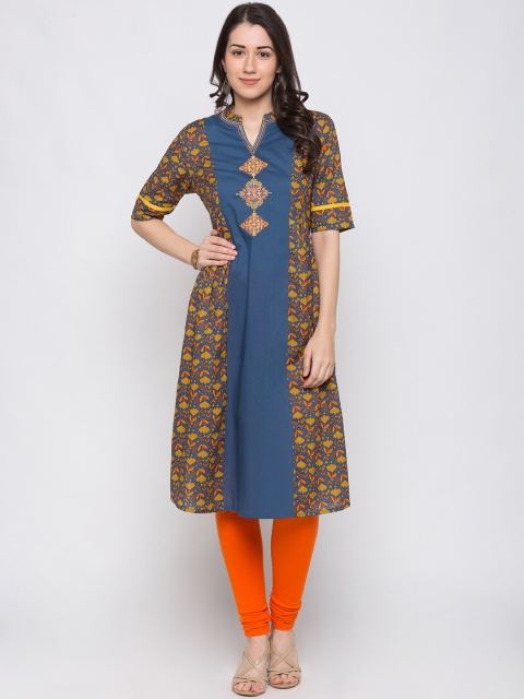 

Globus Women Blue & Yellow Printed A-Line Kurta