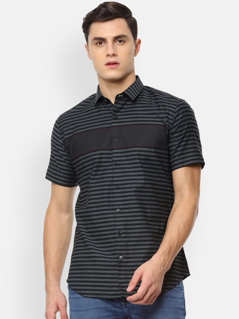 

V Dot Men Grey & Black Skinny Fit Striped Casual Shirt