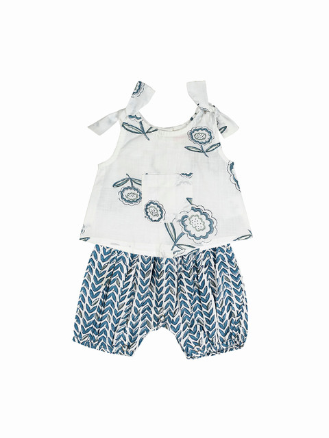 

My Little Lambs Girls White & Blue Printed Top with Shorts