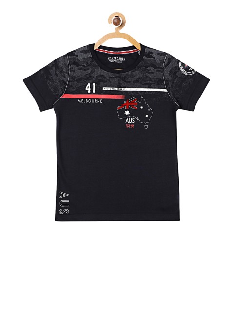 

Monte Carlo Boys Black & Grey Camouflage Printed Round Neck T-shirt