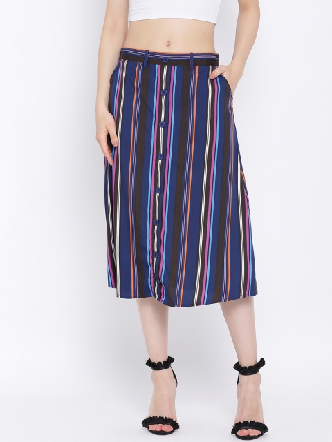 

Oxolloxo Women Blue & Black Striped Forward Flares A-Line Midi Skirt
