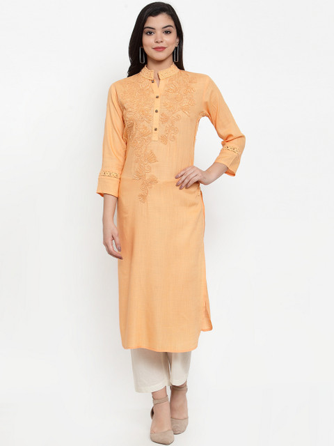 

Aujjessa Women Peach-Coloured Embroidered Straight Kurta