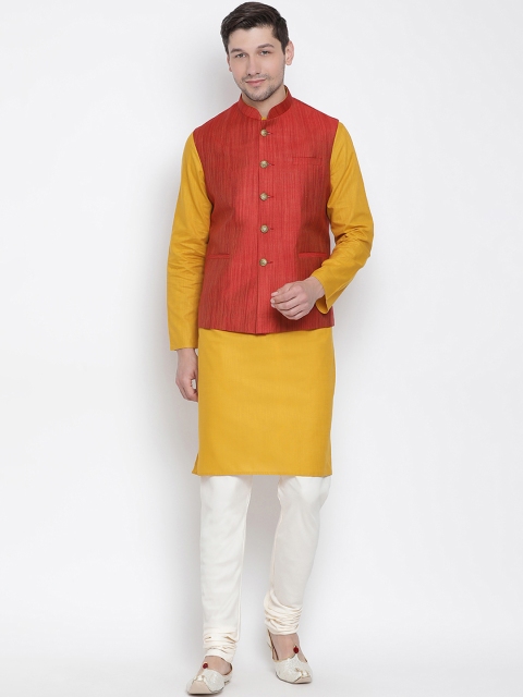 VASTRAMAY Men Mustard Yellow & Maroon Solid Kurta with Churidar & Nehru Jacket