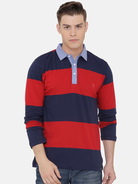 

VUDU Men Red Navy Blue Colourblocked Polo Collar Pure Cotton T-shirt