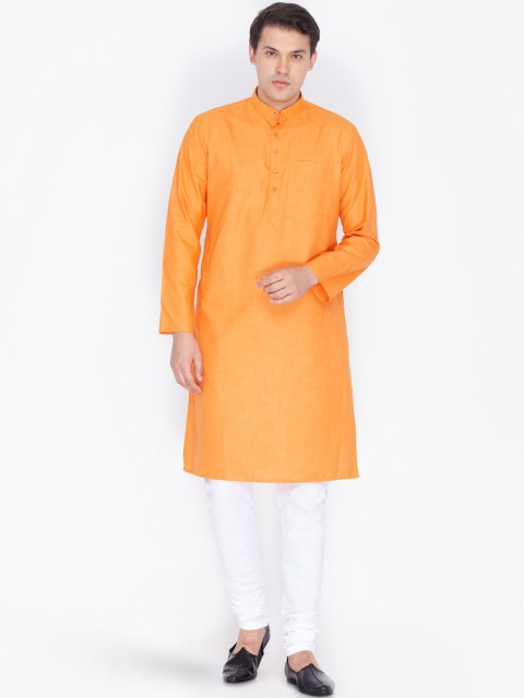 

VASTRAMAY Men Orange & White Solid Kurta with Churidar