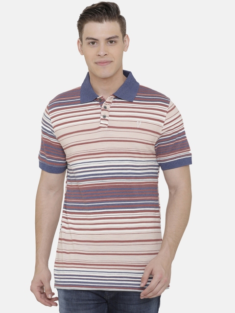 

VUDU Men Peach-Coloured Blue Striped Polo Collar Pure Cotton T-shirt