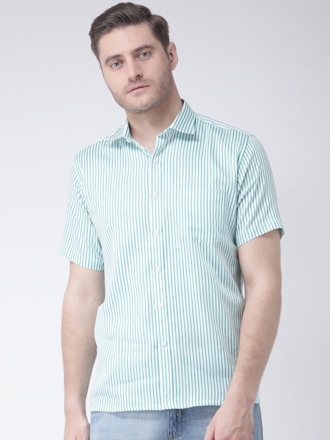 

Zeal Men White & Green Standard Regular Fit Striped Casual Shirt