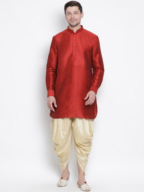 

VASTRAMAY Men Maroon & Beige Solid Kurta with Dhoti Pants