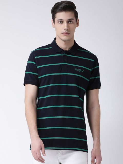 

Club York Men Navy Blue & Green Striped Polo Collar T-shirt