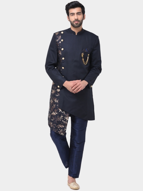 

SG RAJASAHAB Men Navy Blue & Gold-Coloured Solid Silk Sherwani With Trousers