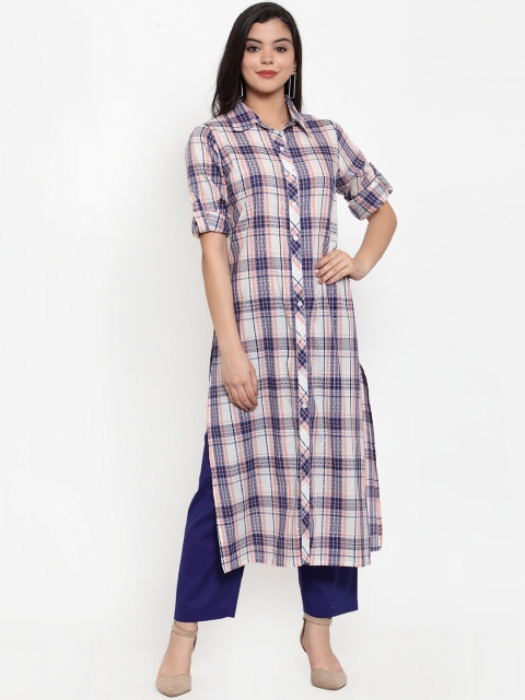 

Aujjessa Women Off-White Checked Straight Kurta