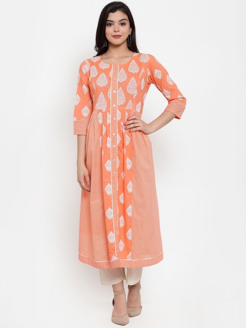 

Aujjessa Women Orange & White Printed A-Line Kurta