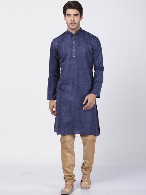 

VASTRAMAY Men Navy Blue & Gold-Coloured Striped Kurta with Churidar