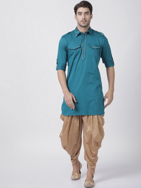 

VASTRAMAY Men Teal Blue & Rose Gold Solid Pathani Kurta with Dhoti Pants