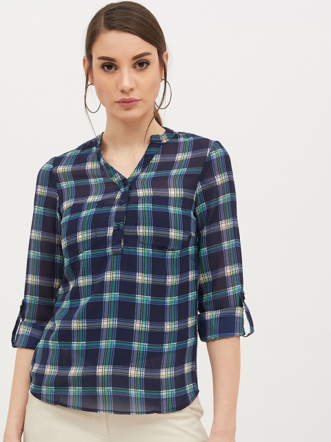 

Harpa Women Navy Blue & Green Checked Top