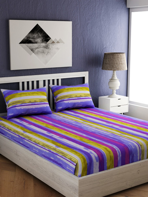 

EverHOME Purple & Yellow Striped 144 TC Cotton 1 Queen Bedsheet with 2 Pillow Covers