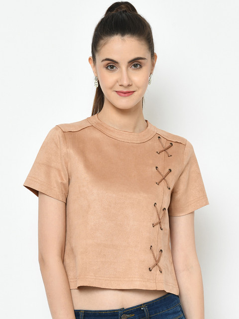 

Latin Quarters Women Beige Solid Crop Top