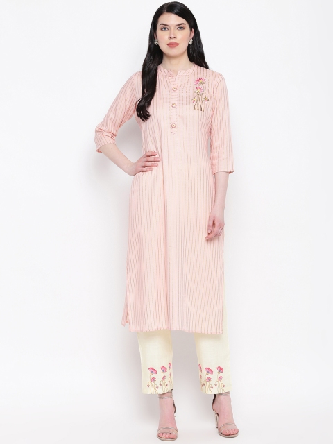 

Vbuyz Women Peach-Coloured Striped Kurta with Trousers