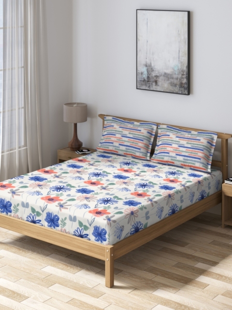 

DDecor Blue & Red Floral 160 TC Cotton 1 Queen Bedsheet with 2 Pillow Covers