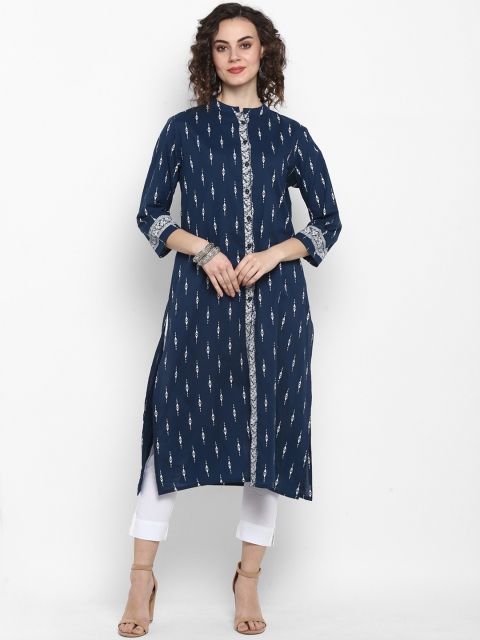 Janasya Women Navy Blue Printed Straight Kurta