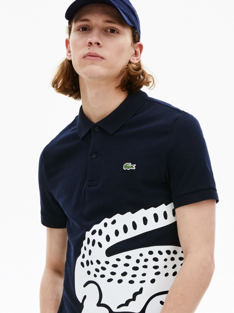 

Lacoste Men Navy Blue & White Printed Polo Collar T-shirt