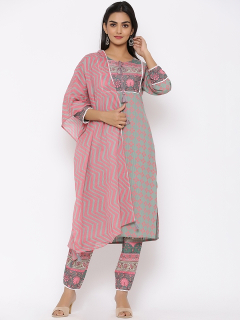 

Ishin Women Green & Pink Printed Kurta with Trousers & Dupatta