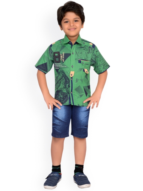 

Kidling Boys Green & Blue Printed Shirt with Shorts