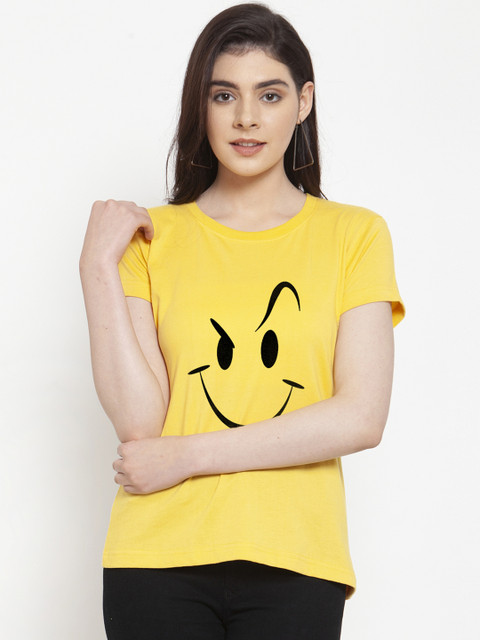 

Friskers Women Yellow Slim Fit Printed Round Neck T-shirt