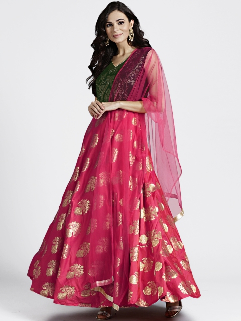 

Chhabra 555 Women Fuchsia Pink Woven Design Maxi Dress with Dupatta