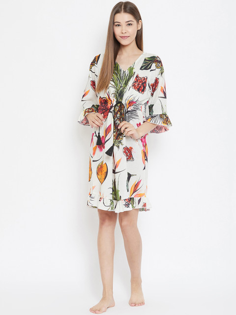

The Kaftan Company Off-White & Green Floral Printed Nightdress