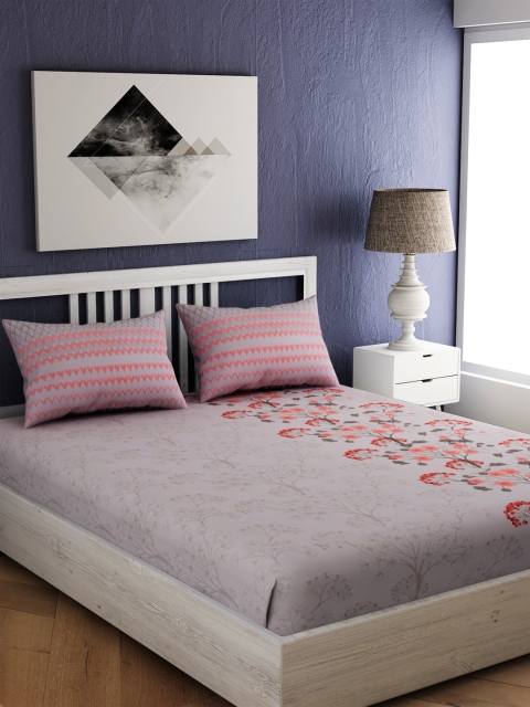

EverHOME Beige Floral 210 TC Cotton 1 Queen Bedsheet with 2 Pillow Covers