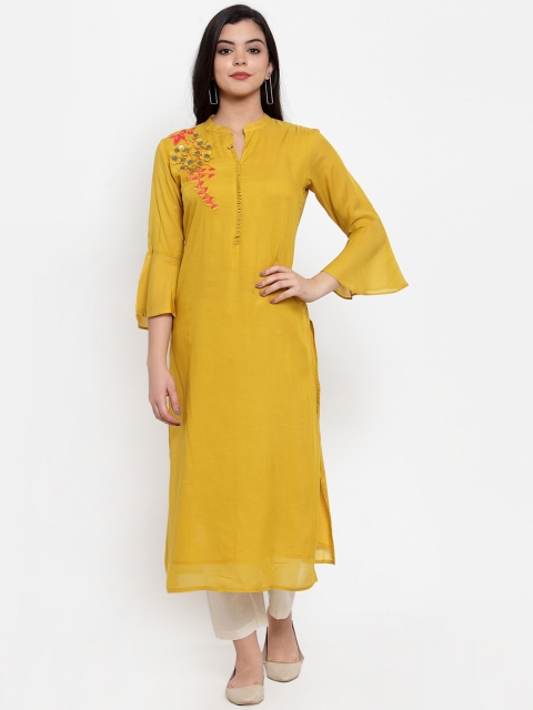 

Aujjessa Women Mustard Yellow Solid Chanderi Silk Straight Kurta
