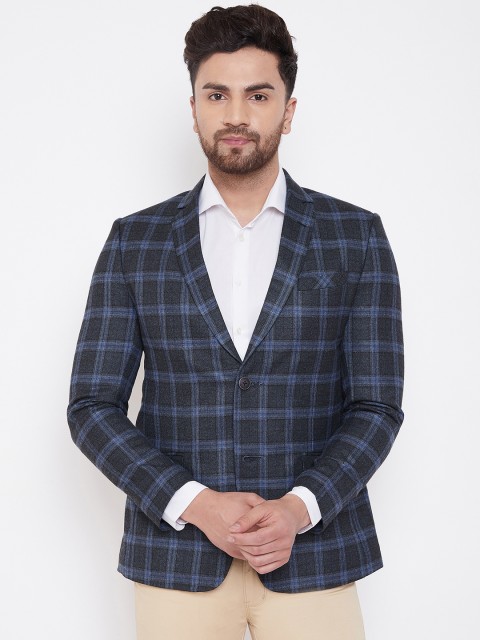 

Spirit Men Black & Blue Checked Tailored-Fit Single-Breasted Formal Blazer