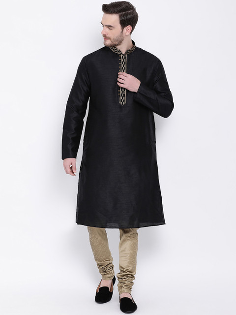 

Lakshya by Manish Men Black & Gold-Coloured Solid Kurta with Churidar