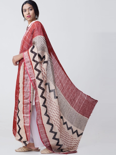 

Unnati Silks Beige & Maroon Bagru Printed Pure Linen Sustainable Dupatta
