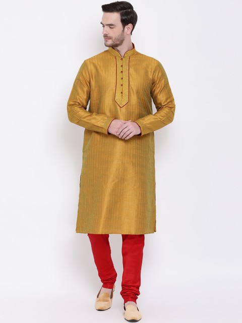 

Lakshya by Manish Men Mustard Yellow Striped Kurta with Churidar