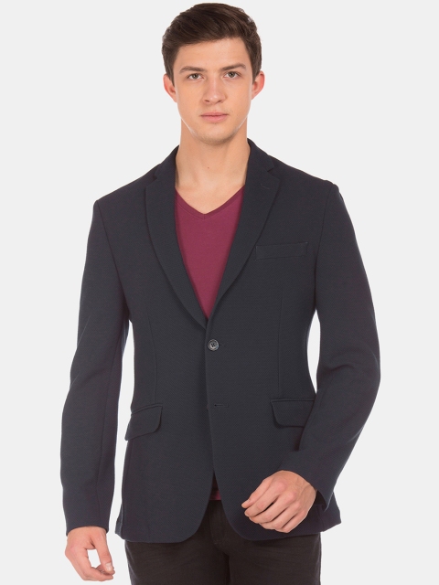 

Flying Machine Men Navy Blue Self Design Denim Single-Breasted Casual Blazer