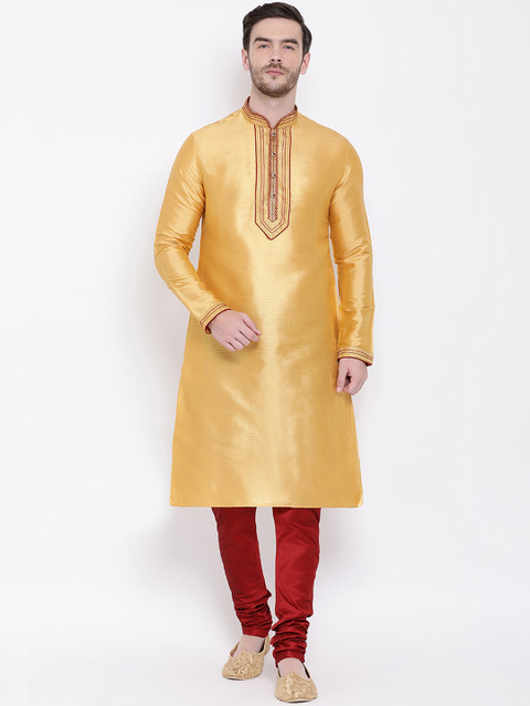 

Lakshya by Manish Men Yellow Self Design Kurta with Churidar