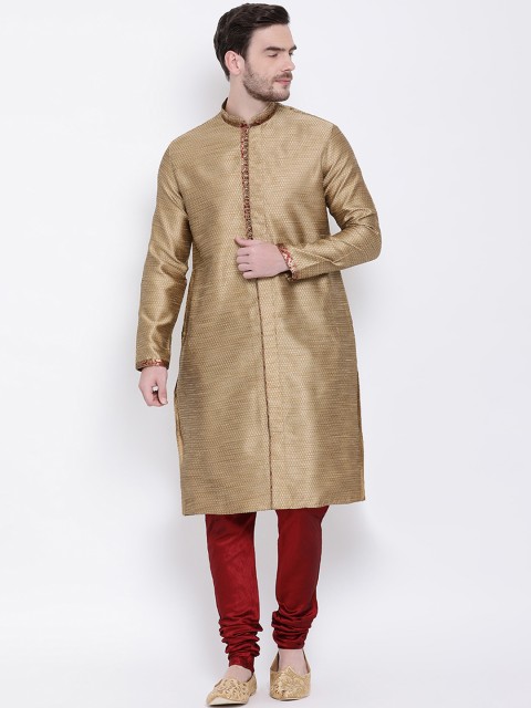 Lakshya by Manish Men Gold-Coloured & Maroon Woven Design Kurta with Churidar