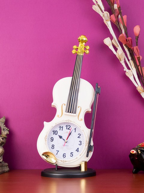 

Golden Peacock Off-White & Gold-Toned Handcrafted Plastic Guitar Desk Clock