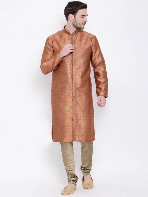 

Lakshya by Manish Men Orange & Beige Self Design Kurta with Churidar
