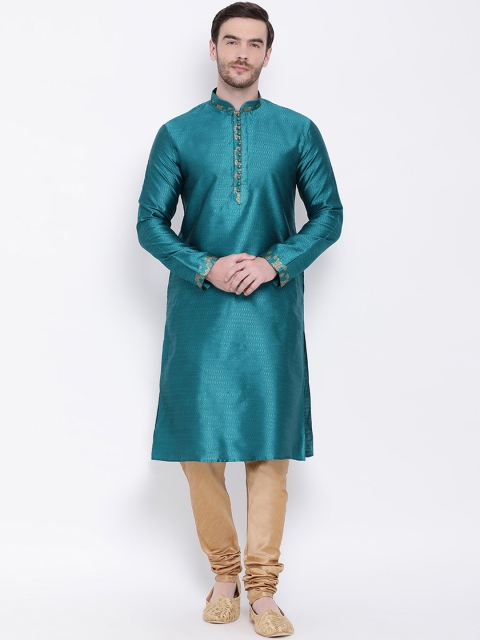 

Lakshya by Manish Men Turquoise Blue & Gold-Coloured Woven Design Kurta with Churidar