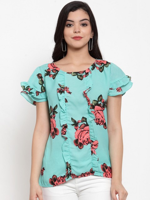 

Aujjessa Women Turquoise Blue & Pink Floral Print Top