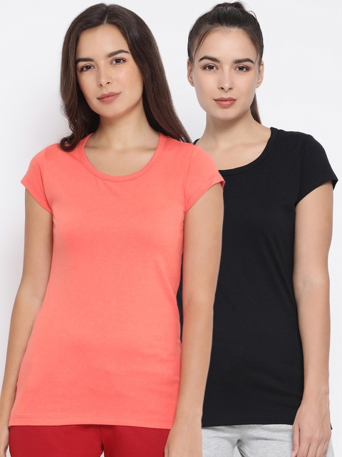 

Macrowoman W-Series Women Pack Of 2 Coral Pink & Black Solid Round Neck T-shirts