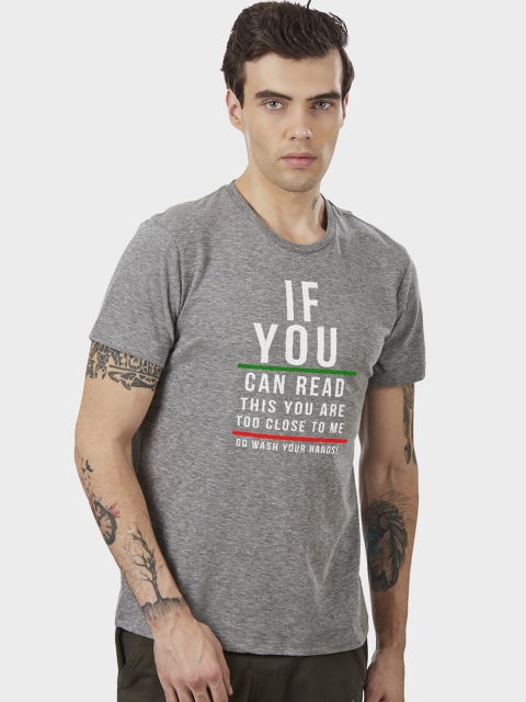 Free Authority Men Grey Printed Round Neck T-shirt