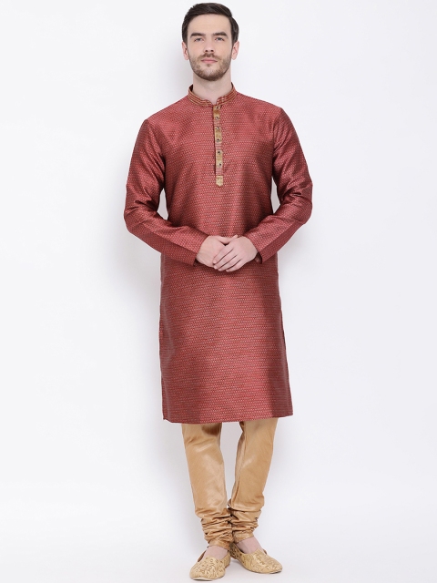 Lakshya by Manish Men Maroon & Beige Self Design Kurta with Pyjamas