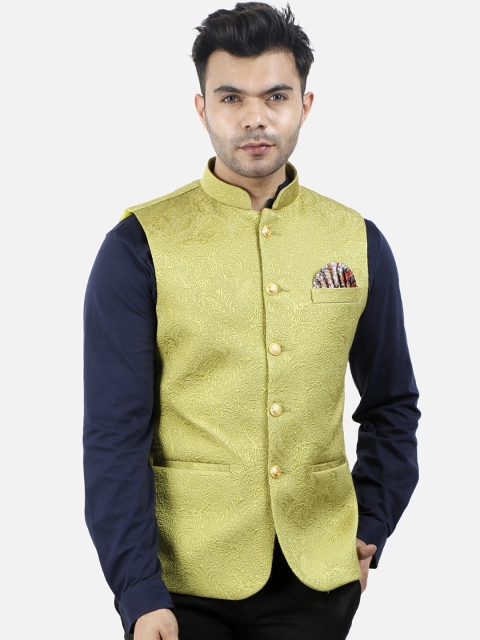 

Wintage Men Lime Yellow Woven Design Satin Nehru Jacket, Lime green