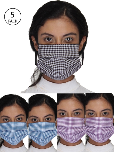 

Anekaant Women 5 Pcs Checked 3-Ply Anti-Pollution Reusable Cloth Masks, Blue